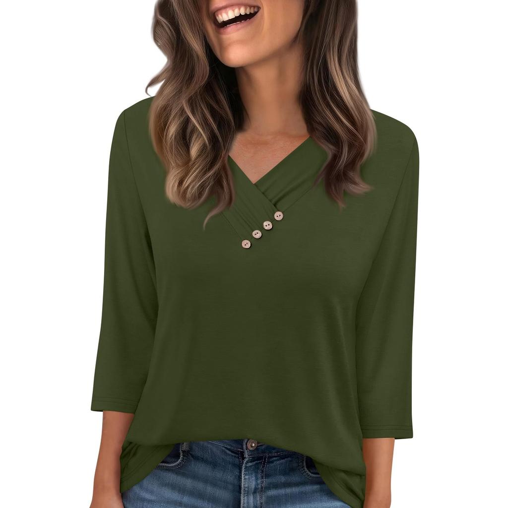 T-shirt pour femme T-shirt Bouton Manches 3/4 Tunique Mode Quotidienne Week-end Basique Col V Coupe Régulière
