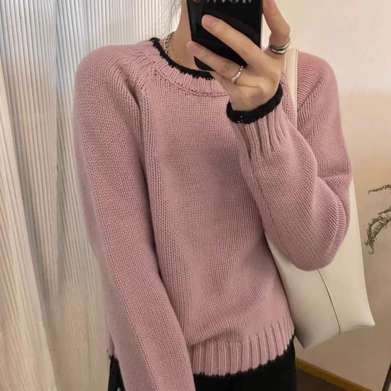 Crew neck color matching pullover sweater women's autumn and winter new loose and thin long-sleeved knitted sweater outer top