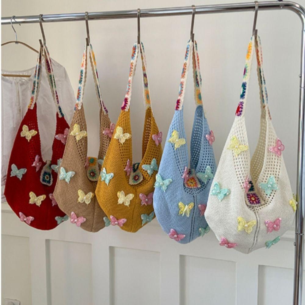 Fashion Large Capacity Women Shoulder Bag Butterfly Floral Crochet Hollow Out Knitted Handbag Vintage Multicolor Crossbody Bags