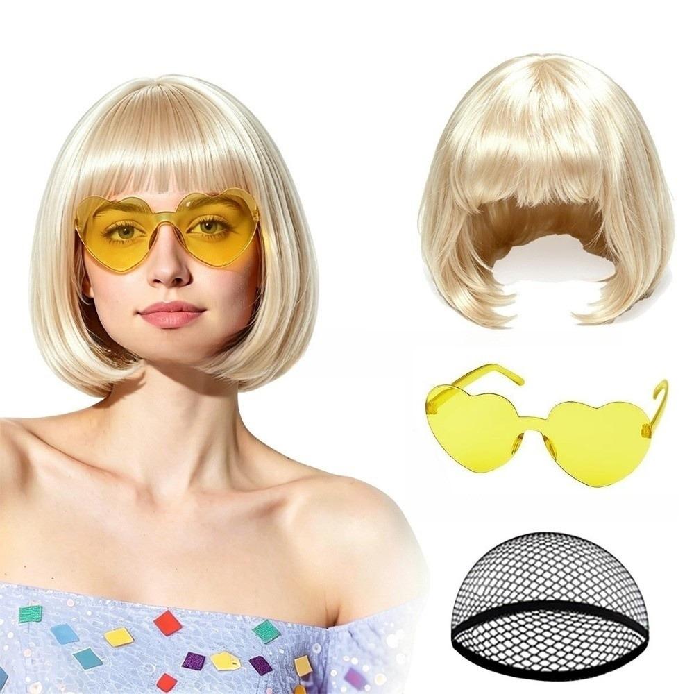 3Pcs Halloween Cosplay Wig Set Colorful Short Bangs Y2K Role-playing Short Hair Wig Halloween
