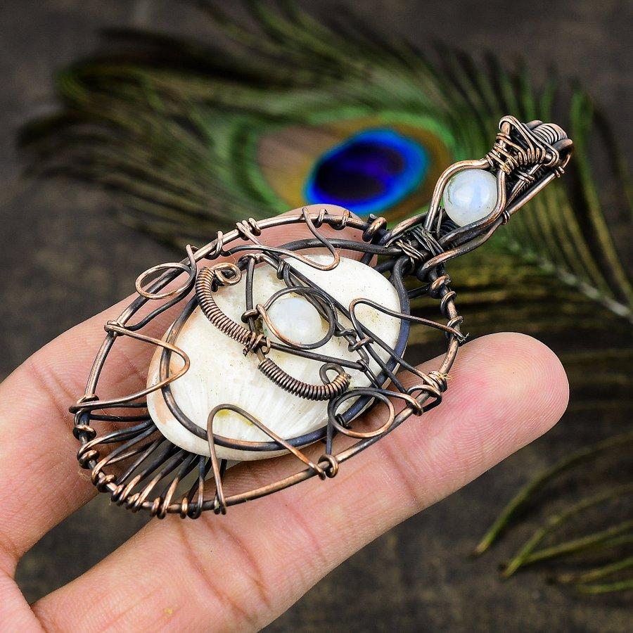 Orange Scolecite, Moonstone Gemstone Copper Wire Wrap Jewelry Pendant 3.47"