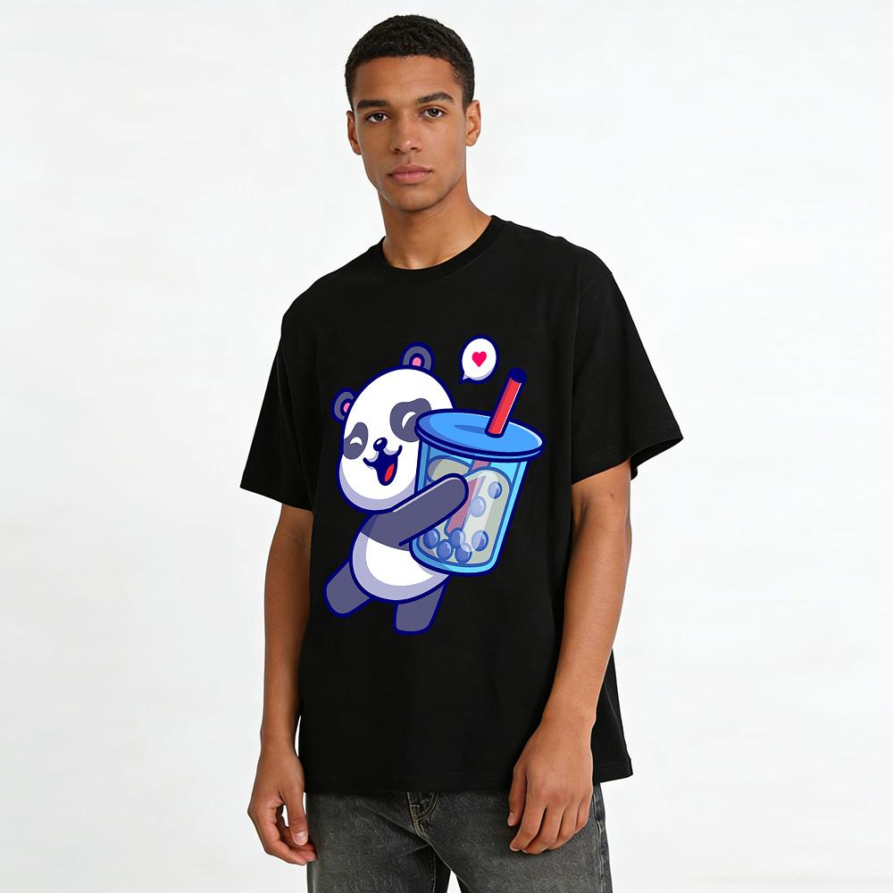 Cute Panda Holding Bubble Tea Graphic Casual Top Pure cotton T-shirt