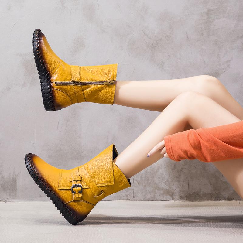 Moda GKTINOO 2025 Botas Femininas Inverno Quente Couro Feito à Mão Retro Botas Baixas Sapatos Baixos Botas de Couro Genuíno para Mulheres