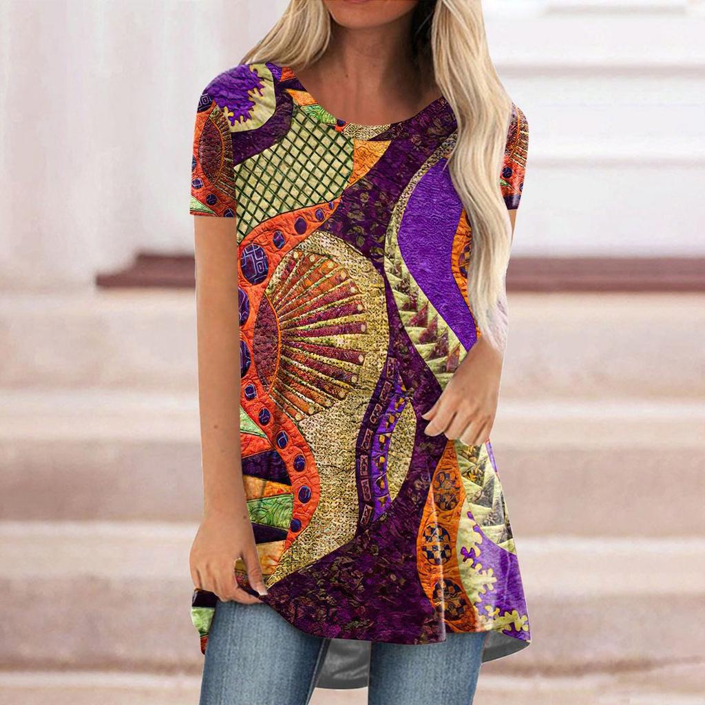 Women's Round Neck Short Sleeve Geometric Print Tunic Top Casual Asymmetrical Hem Blouse