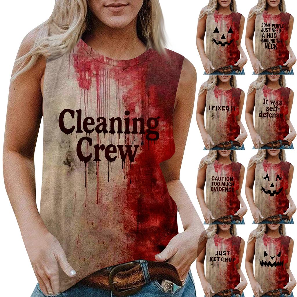 Dame Rund Hals Casual Ermeløs Halloween Trykket Vest T-skjorte Topp