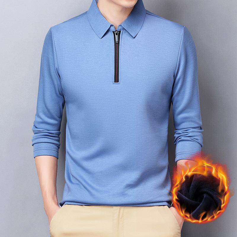 Men's Autumn and Winter Fleece Thickened Stand-up Collar Zipper Long-sleeved Shirt with Long-sleeved Shirt Warm Business T-shirt