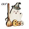 Small Ghost Statues for Shelves Halloween Table Ornament, 2D Wooden Figurine with Cute Tiered Tray Decor Pumpkin/Black Cat/Broom Home Office