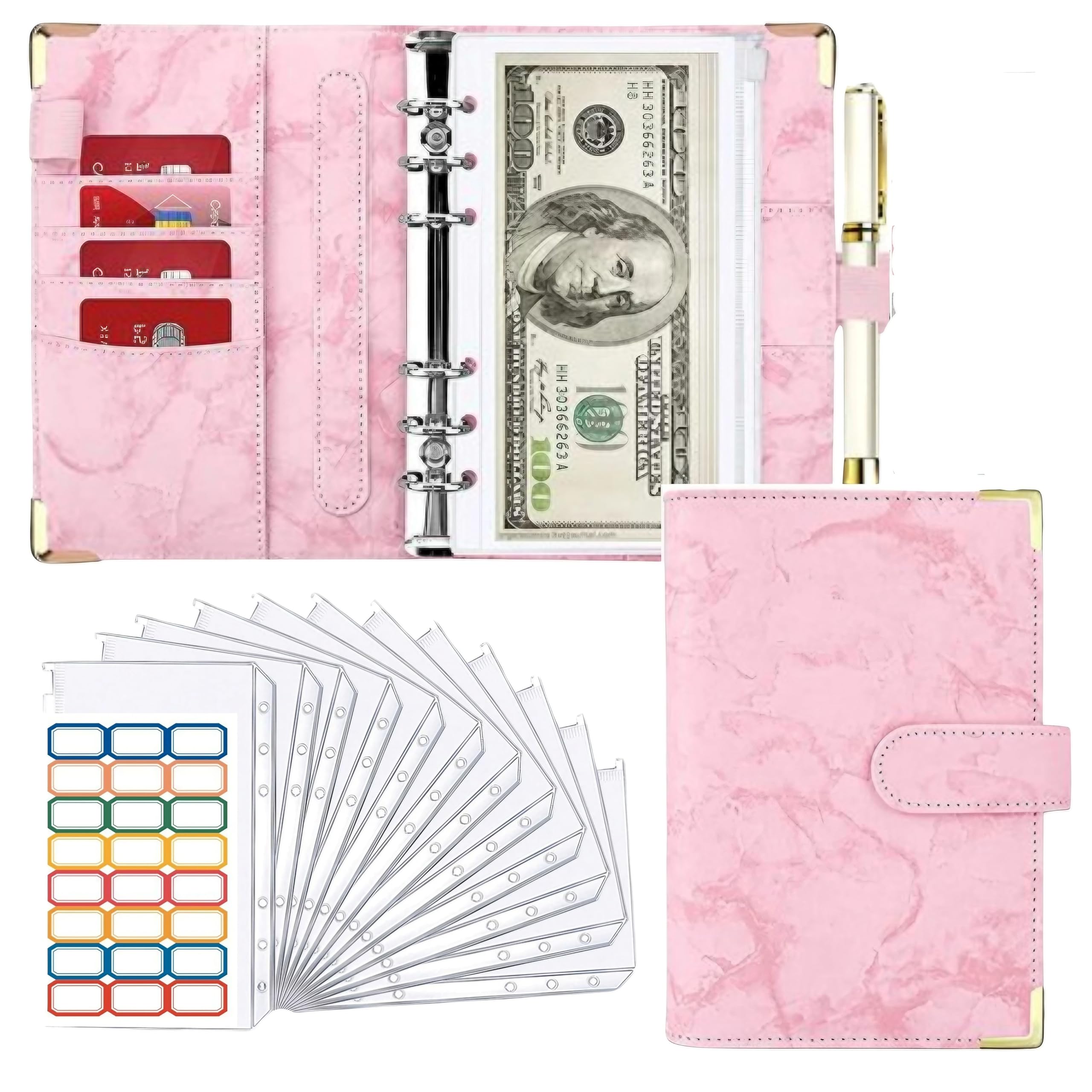 

Папка для ведения домашнего бюджета East Leaf, A6, Мраморный узор, Разделители на 6 кольцах, 12 карманов, 24 наклейки, Розовый