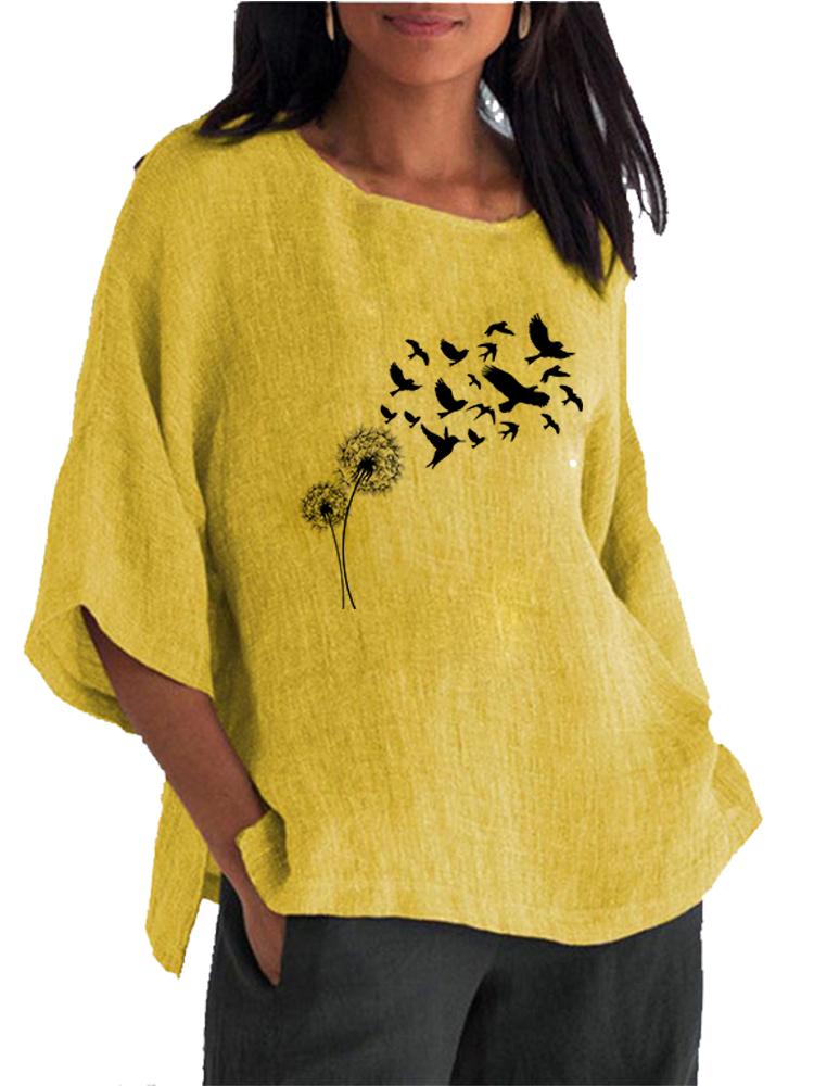 Women Fashion Cotton Linen Blouse Spring&summer Round Neck 3/4 Long Sleeve Shirt Ladies Pullover Loose Tops