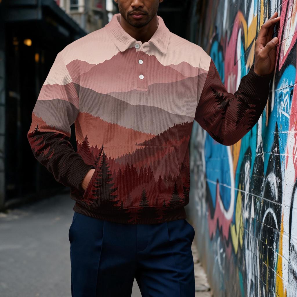 Men's Retro Corduroy Long Sleeve Printed Button-Front Top with Collar and Pocket Casual Shirt
