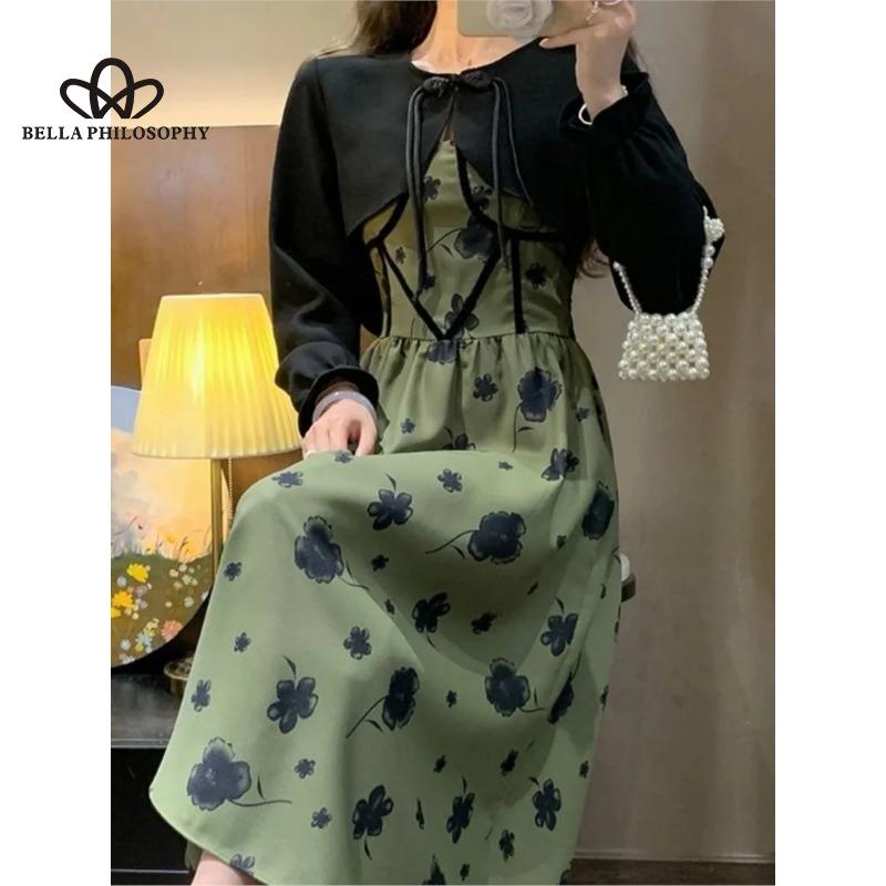 Francouzský styl Jemný styl jaro podzim nové šaty Vintage design Sense Slip šaty Elegantní kardiganový oblek se sponou