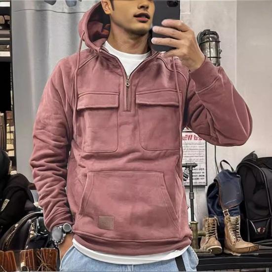 

Yousheng весна осень мужская толстовка с капюшоном большой накладной карман шнурок капюшон нагрудные карманы полумолния длинные рукава однотонный спортивный топ M хаки