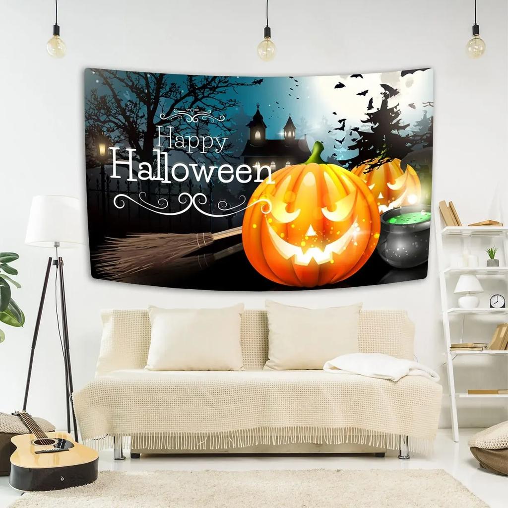 Happy Halloween Decorative Tapestry Bat Pumpkin Print Wall Hanging Carpet Party Background Fabric Home Room Decoration