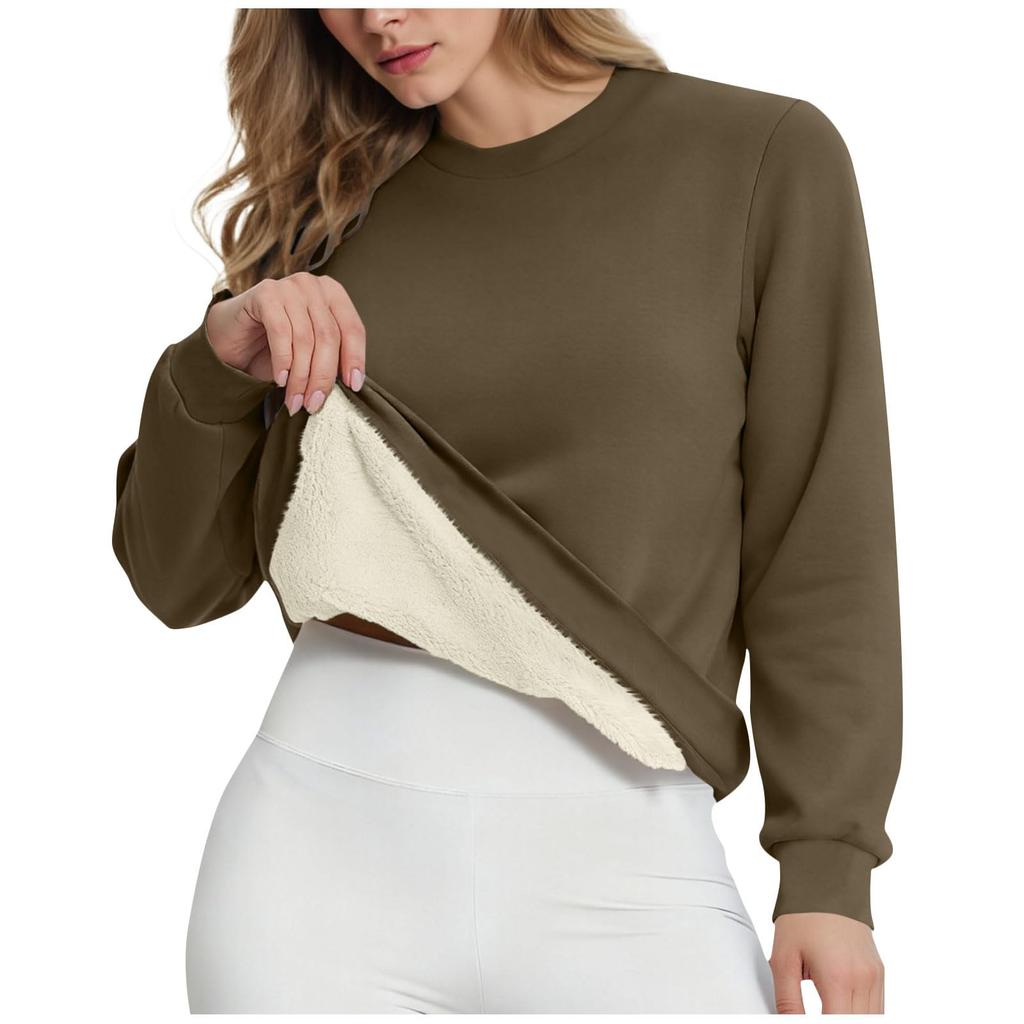 Women's Casual Fashion RoundNeck Pullover Top Winter Solid Color Plush Sweatshirt