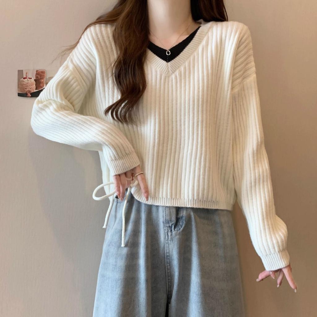 Knitted Sweater Women's Autumn  Winter Versatile Slimming V-neck Long Sleeved Fake Two-piece Drawstring Sweater