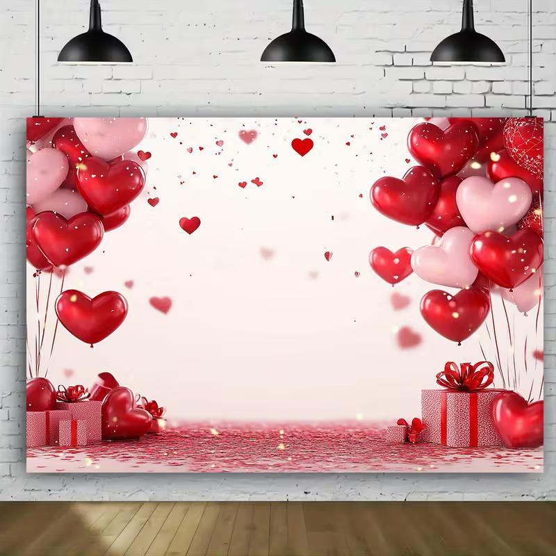 2D Love Themed Photo Backdrop, Red Pink Heart Balloons & Gift Box Party Background
