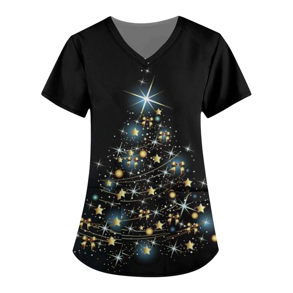 Haut à col en V pour femme, mode décontractée, imprimé de Noël, combinaison de travail protectrice