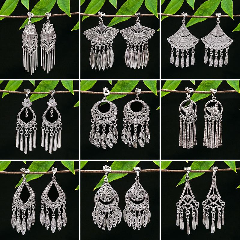 Geometric fringed ear clips, Miao Yin retro and elegant minority earrings without piercings for women