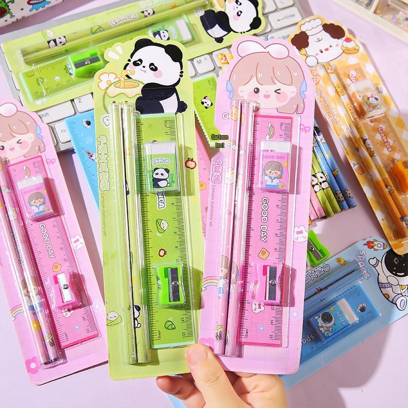 Cartoon Pencil Set: 5-Piece School Reward with Ruler, Eraser, Pencil, & Sharpener