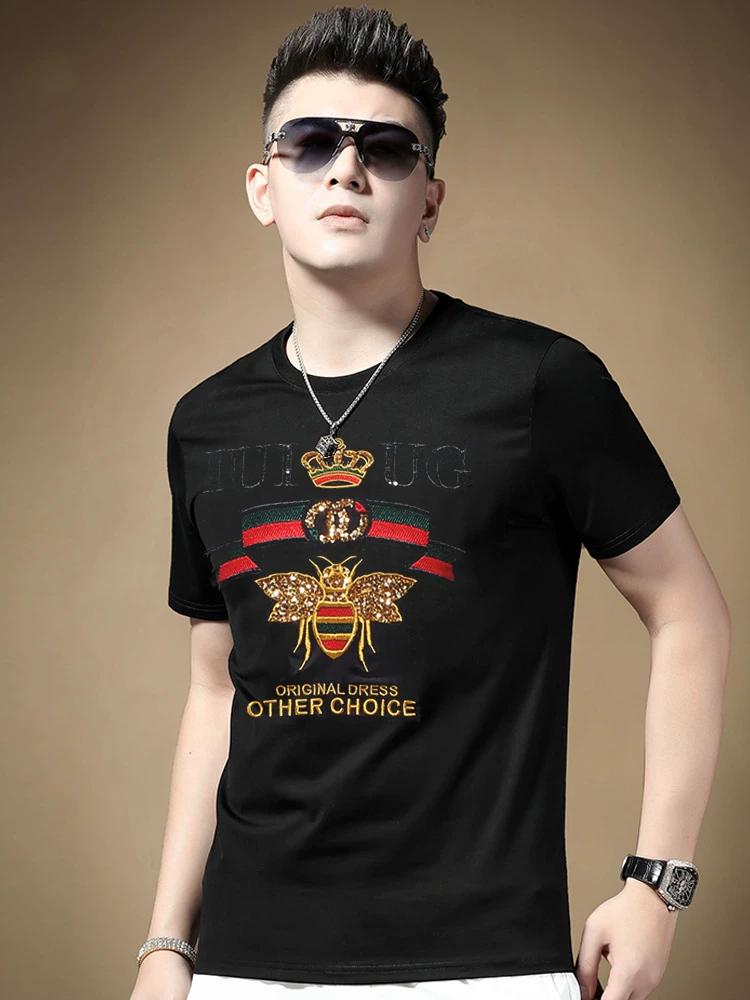 European High-End Bee Embroidery Trendy Brand Short-Sleeve Men's 2025 Summer Light Luxury Fashion Mercerized Cotton Slim-Fit T-Shirt