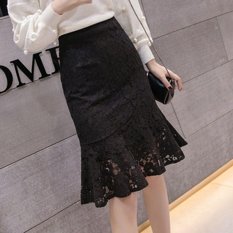 High Waist Skirt, Fishtail Skirt, Lace Medium and Long Ruffle Leaf Edge A Word Fashion Hip Skirt, Slim Woman High Waist White Lace Fishtail Skirt S