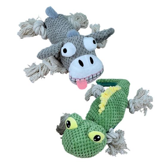 Squeaky Plush Dog Toy Stuffed Animal Dog Chew Toy Rope Knot Interactive Tug-of-War Toy for Puppies Adult Dogs Teeth Cleaning Training
