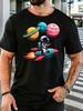 Unisex Astronaut Rocket Planet Space Cartoon Print Cotton Short Sleeve Tee Crew Neck Soft Male Summer Casual Breathable Street Top