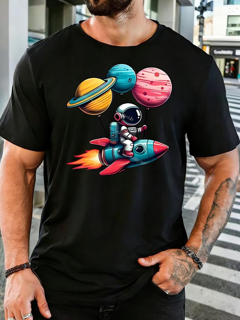 Unisex Astronaut Rocket Planet Space Cartoon Print Cotton Short Sleeve Tee Crew Neck Soft Male Summer Casual Breathable Street Top