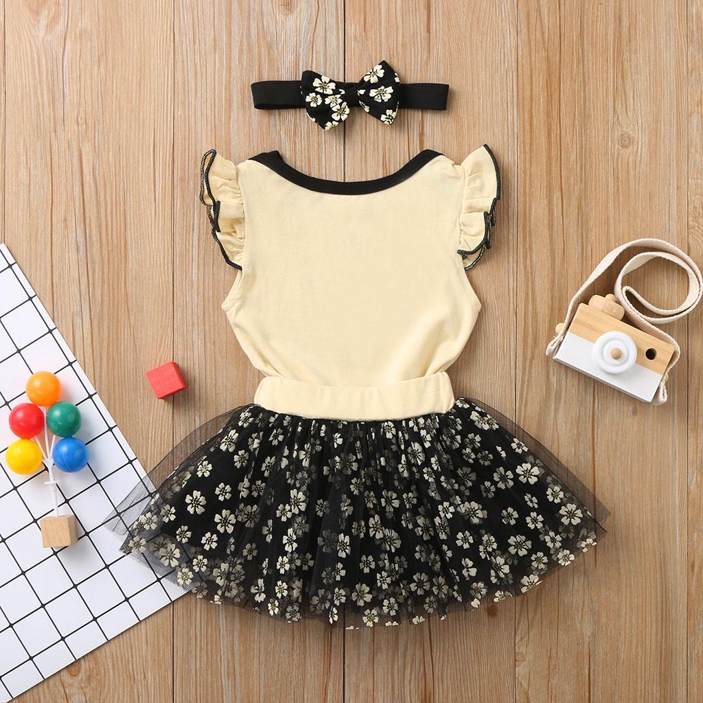 Newborn Infant Baby Girls Fly Sleeve Romper +Floral Sequin Tulle Skirts Set