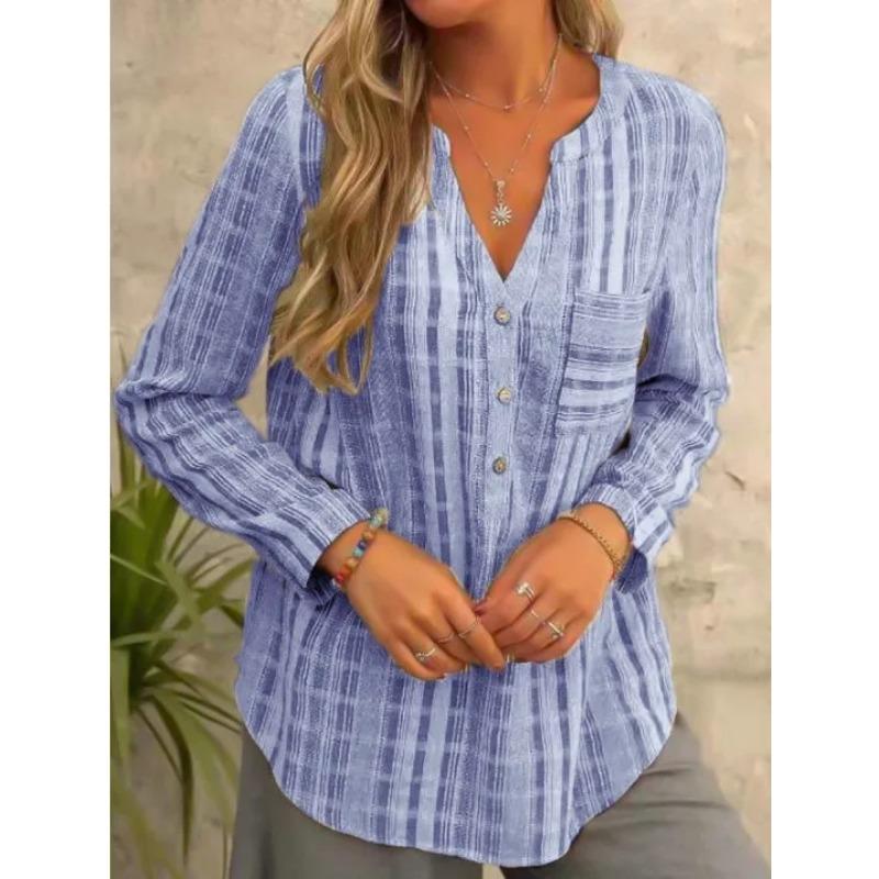 

Женские рубашки Мода 2025 Весенне-осенний стиль Блузки Женские Повседневные С длинным рукавом V-образный вырез В полоску С принтом Карманы Повседневные Свободные Топы L синий