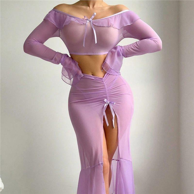 Women's Sheer Mesh Lingerie Set High Slit Long Skirt Sexy Costume for Occasions