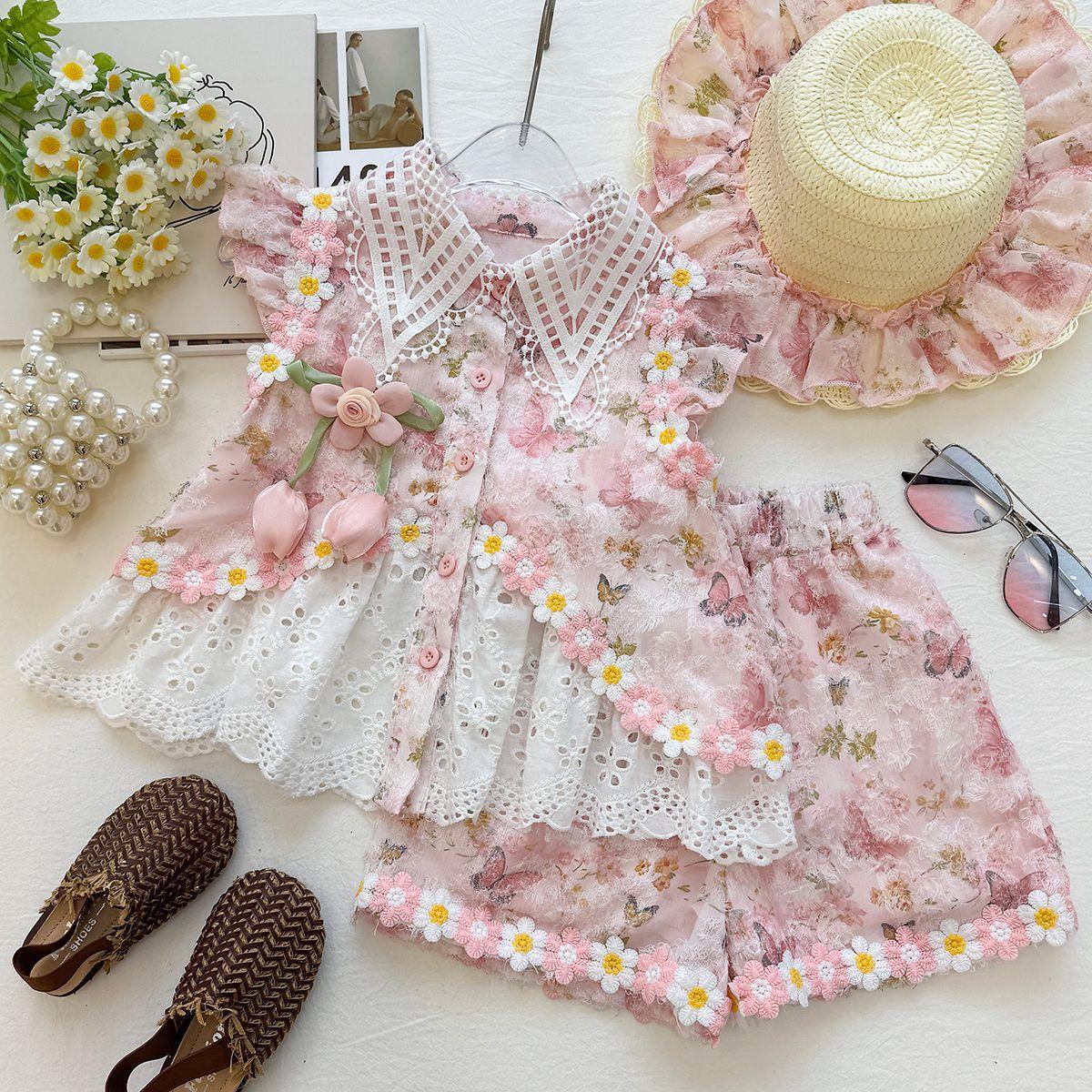 Girls Summer Pink Floral Two Piece Set With 3D Flower Lace Peter Pan Collar Top And Bow Shorts Sweet Daisy Print Outfit 120cm