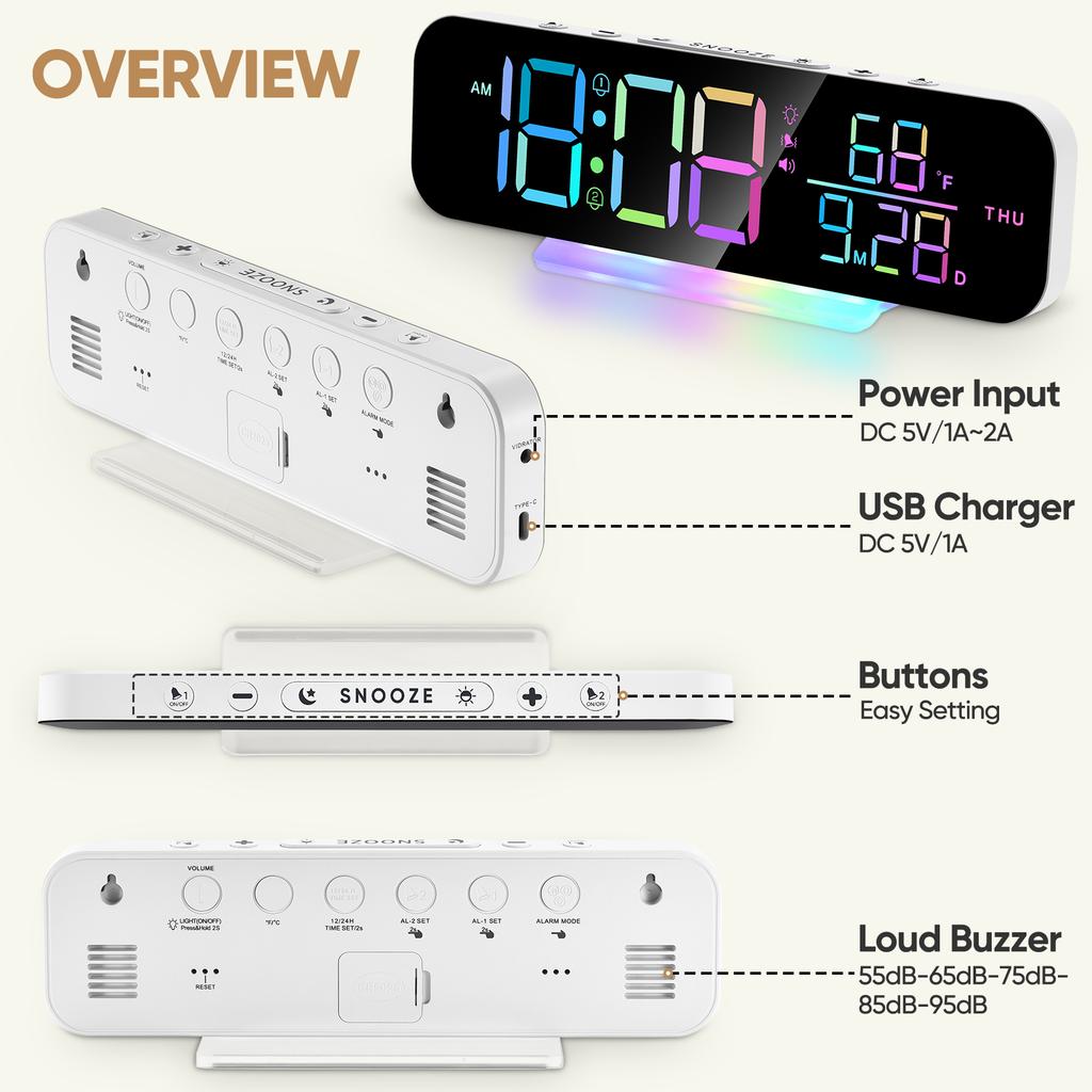GS-G9 Dynamic RGB Large Display LED Digital Alarm Clock Calendar Desk Clock with Vibration Pad