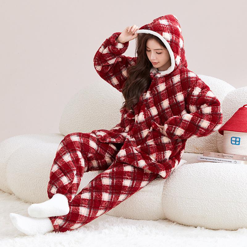 Damen Winter-Schlafanzug, dreilagig gesteppt mit Baumwolle und Fleece für Wärme, große Größen können auch draußen getragen werden, niedliche Korallfleece-Loungewear