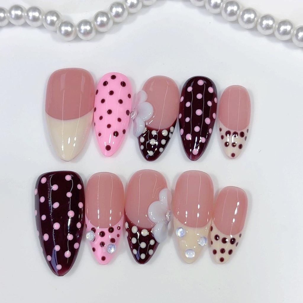 Almond Nail French Polka Dot Three-dimensional Engraving Hand-worn Contrasting Color Sweet Wind Fake Nails