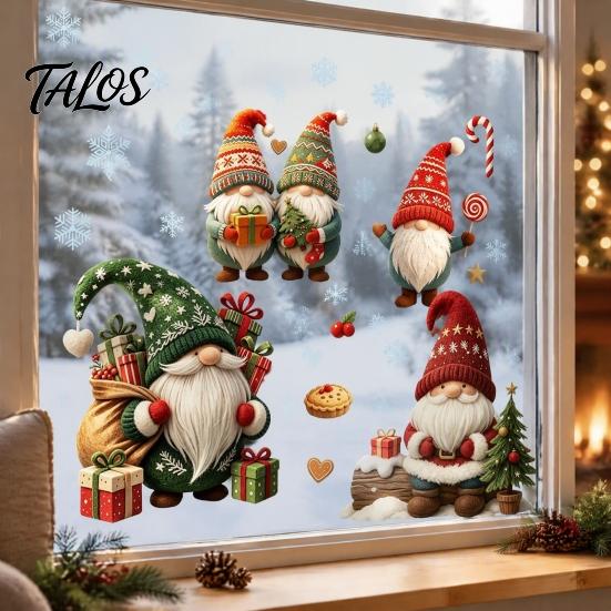 Indoor Window Art Christmas Gnome Cling, Waterproof Snowflake Glass Decal, PVC Decals Faceless Dwarf Static Sticker for Holiday Decoration Winter Home
