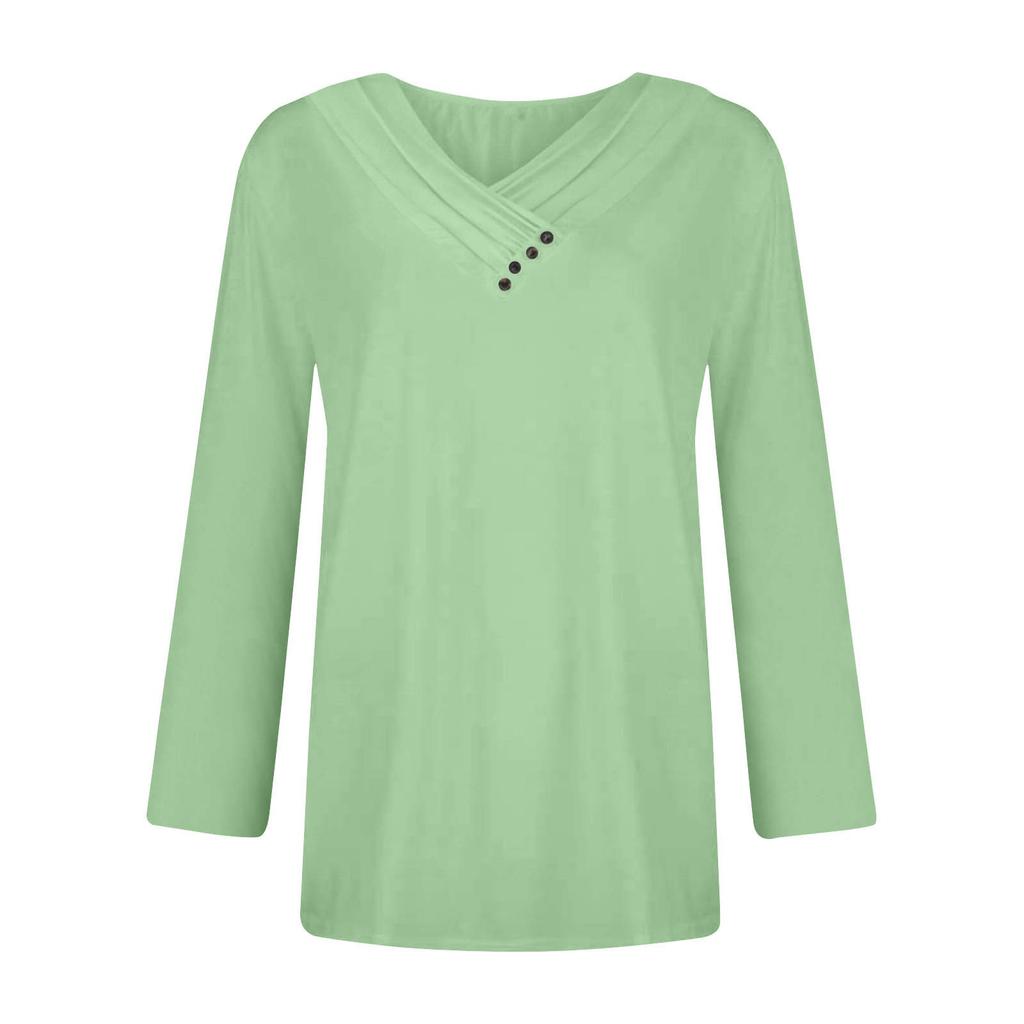 Women's Fashion Casual Color Chest Panel Ruched Button V Neck Long Sleeve Ladies Long Top