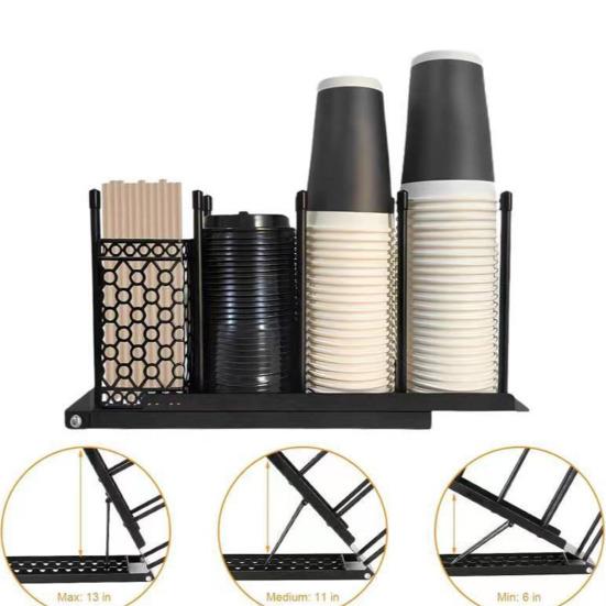 Coffee Cup Holder Lid Organizer with Straw Holder 4 Compartment Coffee Cup Dispenser Adjustable Coffee Bar Organizer