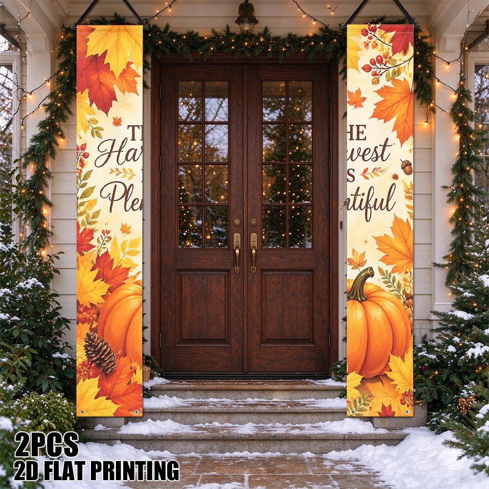 2D Flat, 2pcs 2D Flat Printing Autumn Pumpkin & Fall Leaves Pennant Banner - Suitable for, Thanksgiving, Christmas Door Curtain Decoration with Couple