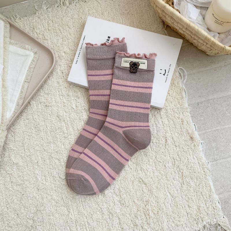 Autumn and Winter Women's Cartoon-style Embroidered Striped Trendy Boneless Sewn Mid-calf Cotton Socks