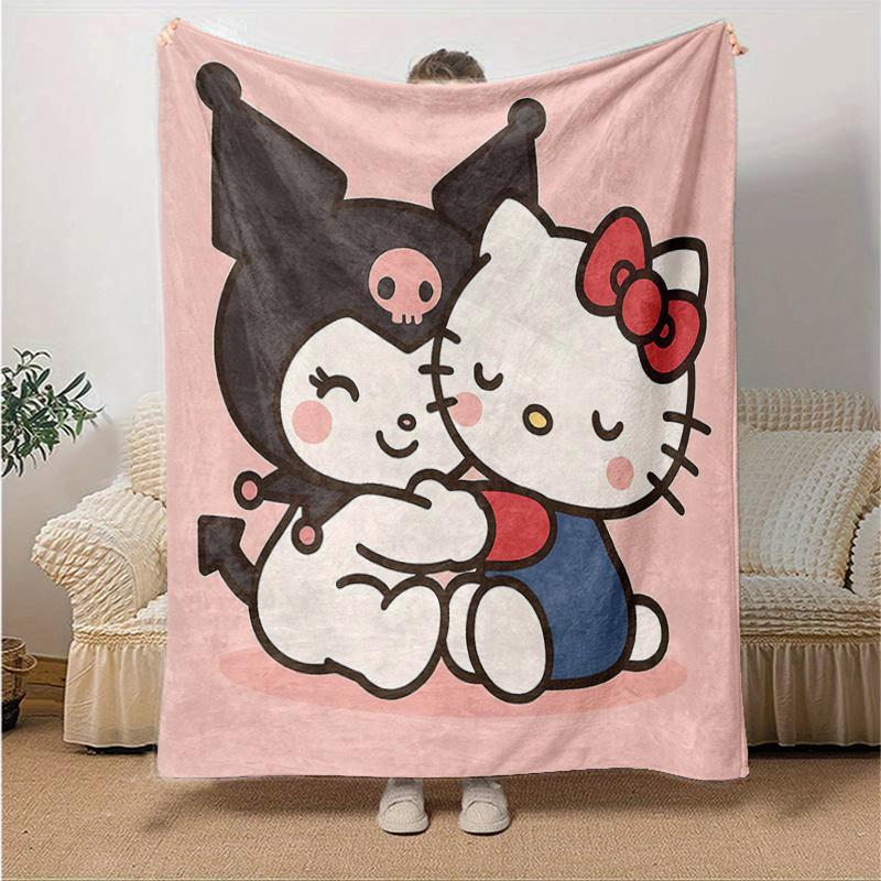 

1pc Spooky Halloween Hug Kuromi & Hello Kitty Blanket, Cute Cartoon Throw for Home Decor, Gift Idea, Living Room, Travel, Camping, Car Blankets, Beach 130x150cm