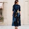 Women Plus Size Round Neck Keyhole 3 4 Sleeve Long Dress Watercolor Striped Print Green Yellow
