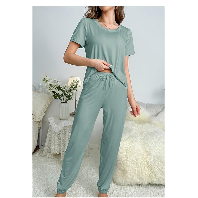 Pyžamový oblek klasický dámský jednobarevný mléčný hedvábí s krátkým rukávem kulatý výstřih tričko kalhoty oblek