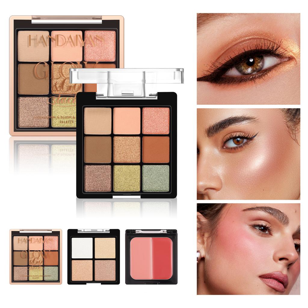 3-in-1 Multi-Layer Makeup Palette, Eyeshadow Blush and Highlighter Combo Set, All-in-One Face Glow Palette with Shimmer Eyeshadow and Cream Blush