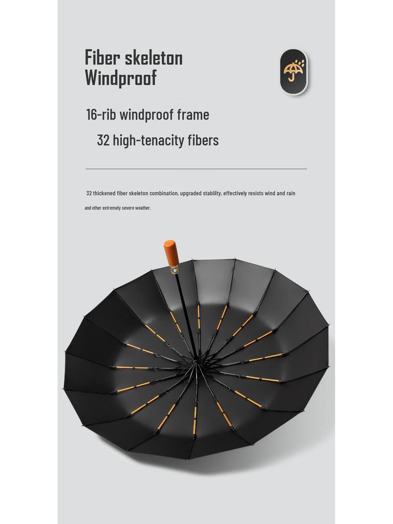 24-ribbigt automatiskt öppnande paraply med trähandtag i XL-storlek, vindtätt, svart solskyddsparaply för män och kvinnor, dubbelanvändning för soliga/regniga dagar