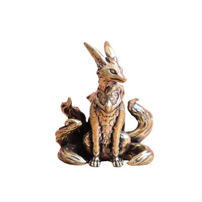 1Pcs Nine Tailed Fox Miniature Figurines Desk Ornament Brass Mythical Fox Statue Mini Copper Animal Sculpture Home Decor Crafts