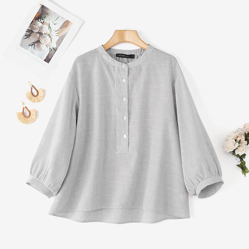 

ZANZEA Women Casual Stand Collar Loose Long Sleeve Stripe Blouse M чёрный