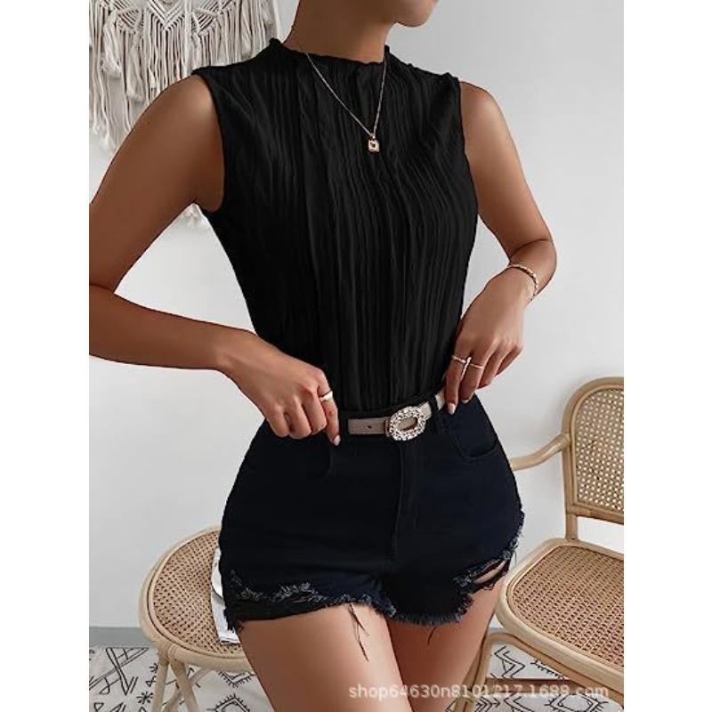 women s Mock Neck Vertical Pleated Sleeveless Solid Color Slim Fit Casual Summer Tank Top XS чёрный