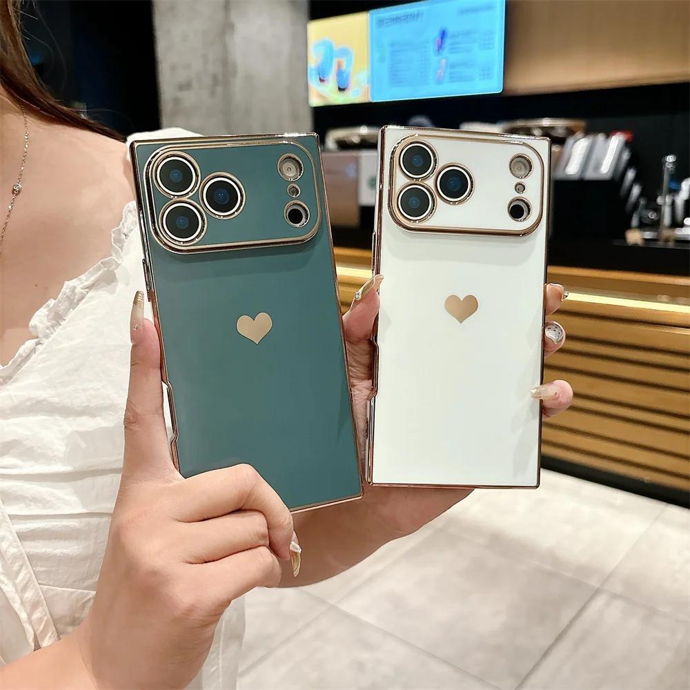 Fashion Plating Glossy Silicone Heart-Shaped Case For IPhone 17 Pro Max Air 16 15 14 13 12 11 Plus Shockproof Bumper Back Cover