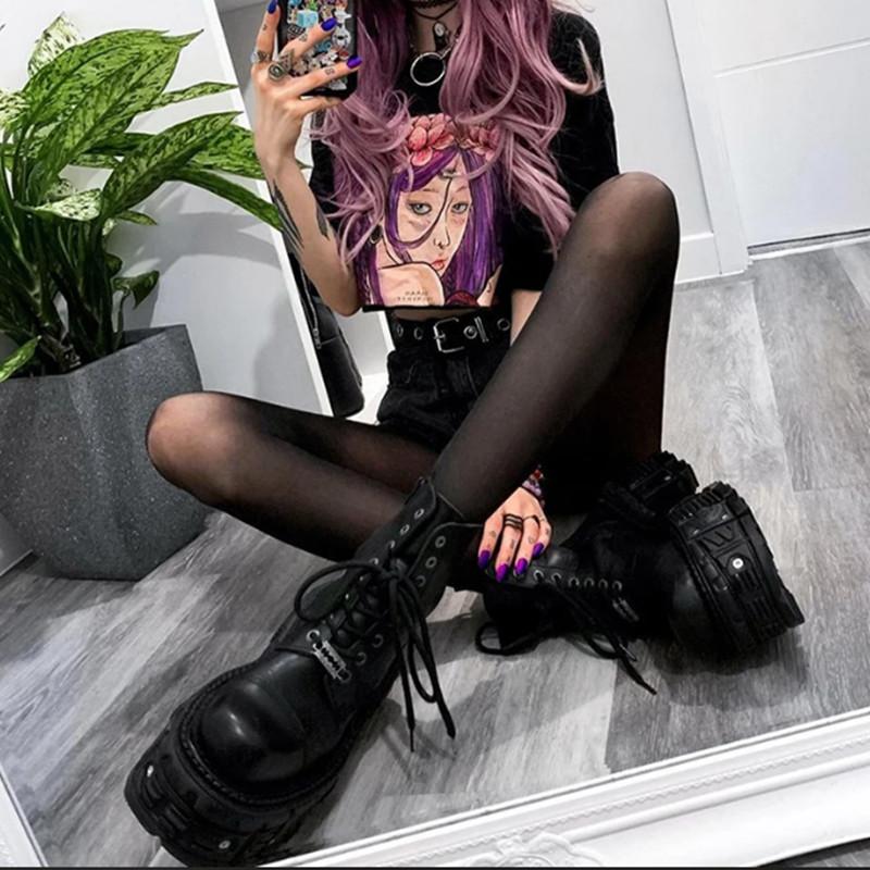 Women Ankle Boots Big Size 36-45 Man Shoes Lace-Up Round Toe Thick Bottom Shoes Rivet Platform Flat Casual Botas